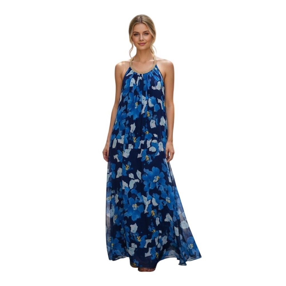 Charming Charlie Maxi Dress‎ Medium Blue Excellent Floral Braided Gold Trim